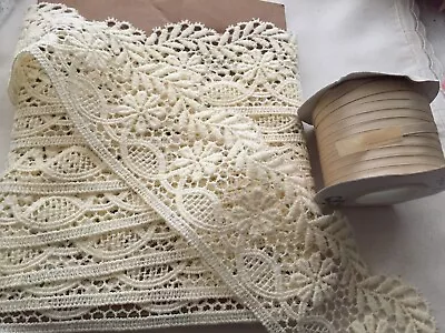 3mts X 3 Cream Macrame Lace Plus Roll Of 5mm Pale Gold Satin Ribbon  LA405 • £6