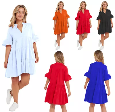 New Womens Frill Sleeve Layered Summer Beach Tiered Smock Swing Mini Dress Tops • £14.99