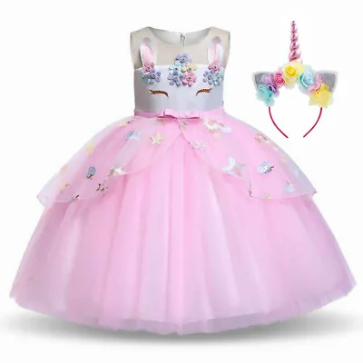 2021 Girls Unicorn Dress Up Costume W/ Rainbow Headband Kids Fancy Party Outfit • £14.95