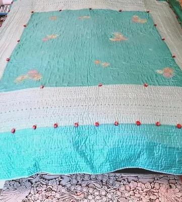 LAURA ASHLEY Silk Bedspread 200cm X 200cm Quilt Hand Embroidery Aqua Turquoise  • £90