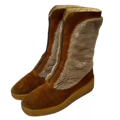 RARE Vintage QUODDY Boots Suede Leather Shearling Wedge Gum Soles Talon Zipper 7 • £192.84