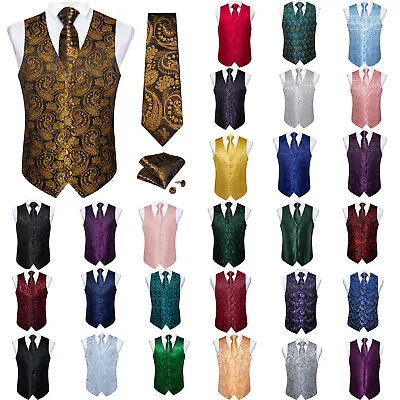 Black Gold Paisley Mens Formal Waistcoat Tie Double Breasted Slim Suit Vest Set • $24.99