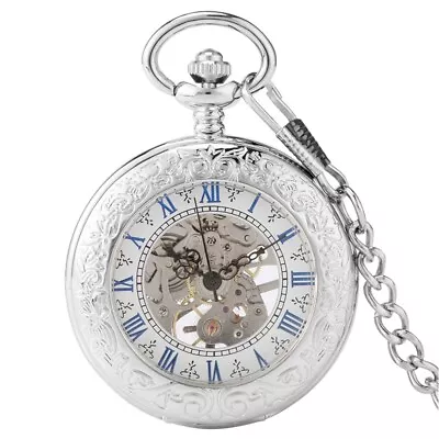 Vintage Mechanical Pocket Watch Silver Roman Numerals Steampunk Chain Luxury • $15.77