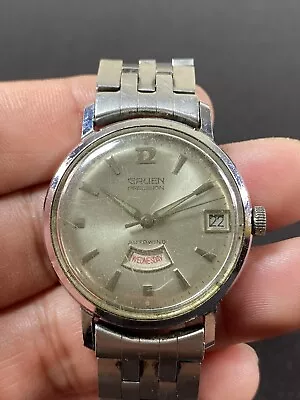 Gruen Precision Auto Wind Day Date Swiss Made Stainless Steel Vtg Watch Works • $100