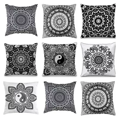 Black & White Indian Mandala Geometric Cushion Covers Boho Sofa Square 16  X 16  • £4.99