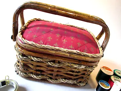 Vintage Sewing Basket Rattan Box Filled With Kit Accessories Thread • $9.75