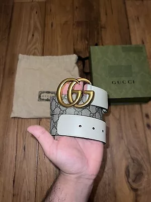 GUCCI GG Belt With Double G Buckle Supreme Canvas & White Leather Size 80•32 • $299
