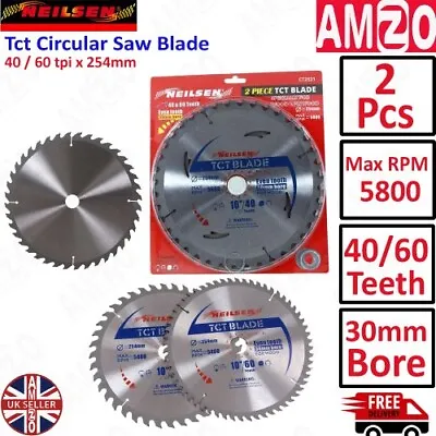 Neilsen 2Pc Tct Circular Saw Blade Disc 40/60 Tpi Teeth X 254mm For Woods CT2521 • £18.49