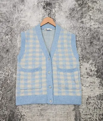 Zara Vest Womens Blue Plaid Knit Brooch Button Oversized Sweater Size S Small • $27.49