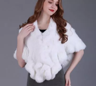 Real Knitted Rabbit Fur Cape Ruffle Hem Women Genuine Fur Shawl Wrap Cloak Stole • $119