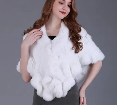 $233.04 • Buy Women Real Knitted Rabbit Fur Cape Ruffle Hem Genuine Fur Shawl Wrap Cloak Stole