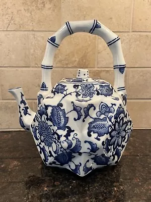 Vintage Oriental Blue And White Teapot With Bamboo Style Handle • $35.99