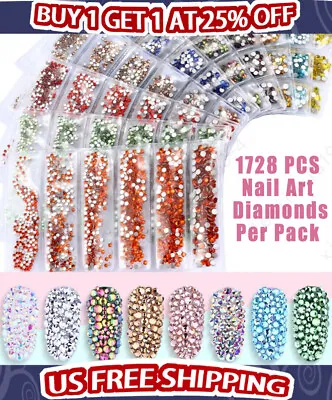 1728 Pcs Nail Art Rhinestone Glitter Gems 3D Tips DIY Decoration Fashion • $0.99