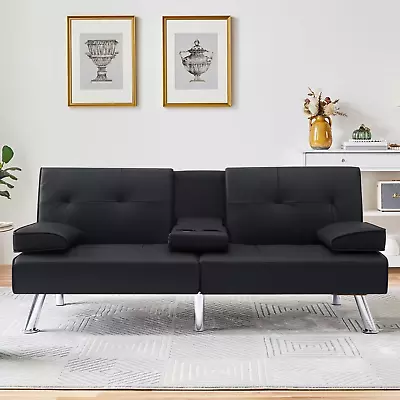 Modern Folding Faux Leather Futon Sofa Bed Couch W/ Cupholders And Pillows Black • $205.97