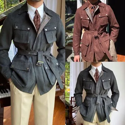 Vintage Suede  Men's Safari Jacket With Belt Four Pockets Casual  Wedding Formal • $66.77