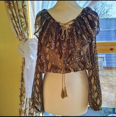 £4.99 • Buy Lovely Hippie Boho Snakeskin Sheer Cut Out Sleeve Blouse Size Small (b)