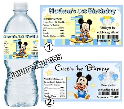 20 Mickey Mouse 1st Birthday Party Favors Water Bottle Labels ~ Personalized  • $8.99