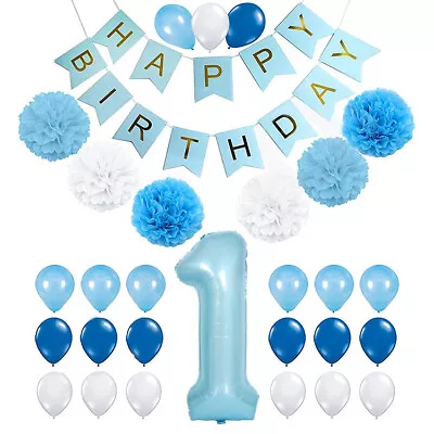 39pc Set Happy Birthday 1st Birthday Party Decoration Foil Balloon Pom Pom Boy • $22.95