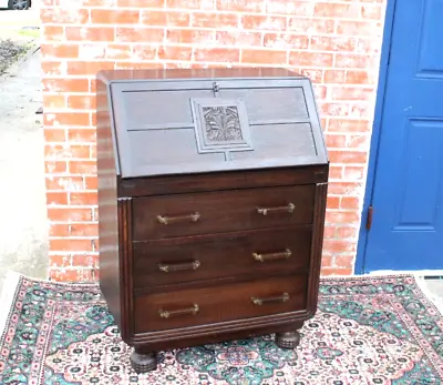 English Antique Oak Art Deco Front Drop Desk With 3 Drawer • $1400