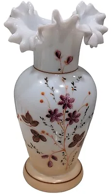 Bristol Vase Fireglow Victorian Art Glass Hand Painted Ruffle Top Purple Antique • $24.68