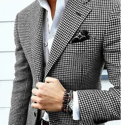 Spring Men's Checked Jacket Houndstooth Casual Weave HoundsTooth Plaid Jacket • $65.09