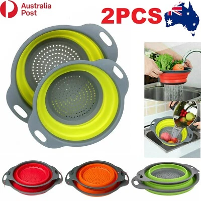 $17.99 • Buy 2Pcs Kitchen Collapsible Fold Silicone Colander Fruit Vegetable Strainer Basket