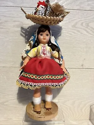 Vintage Costume Doll  Vinyl/ Plastic Doll With Basket Of Chickens-On Wooden Base • £9.99