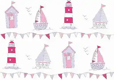 Fryetts Maritime Pink Cotton PVC Fabric WIPE CLEAN Tablecloth Oilcloth • £6.50