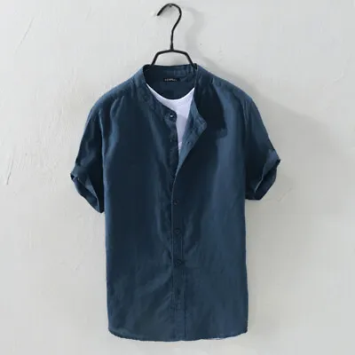 Men Short Sleeve Linen Solid Casual Shirts Collarless Grandad Holiday Blouse Top • $15.37