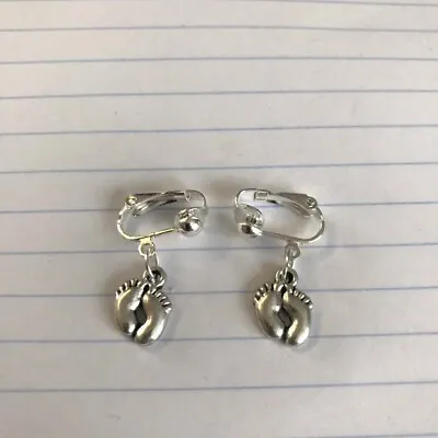 Silver Tone Clip On Earrings With Baby Feet  Tibetan Silver Charm • £2.99