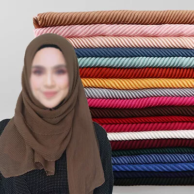 Women's Pleated Maxi Hijab Scarf Plain Colors Muslim Wrinkle Shawls And Wraps • $8.39