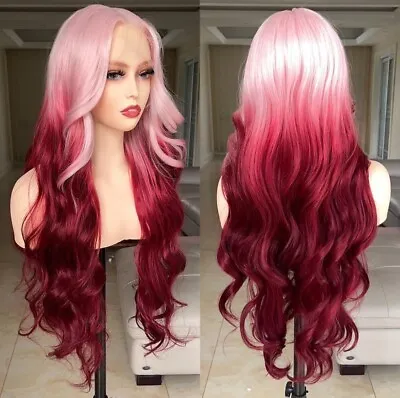 Long Pink Red Human Hair Blend Lace Front Wig Ombre 2 Toned Pink Red Wig Heat Ok • $89.91