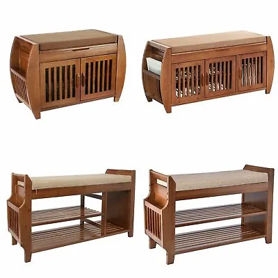 2 Tier Bamboo Shoe Bench Storage Rack Organizer With Removable Cushion Entryway • $109.99