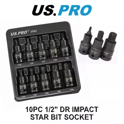 US PRO Tools 10PC 1/2  DR Torx Impact Star Bit Socket Set T20 - T70 3592 • £13.38