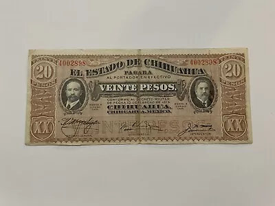 MEX Bank Notes: El Estado De Chihuahua 20 Peso 1915 Series K No. 4002898 R-NZY • $3