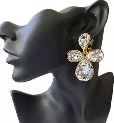 Vintage KJL Kenneth Jay Lane Clear Stones Drop Clip Earrings! Stunnings • $149.99