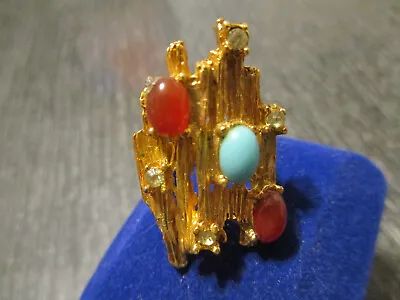 Vintage Mid Century Modern Brutalist Cabochon Gold Tone Adjustable Ring Size 6.5 • $19.99