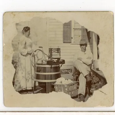 Woman Washing Clothes W Early Washing Machine; Man Just Sits ~1900? Vintage S10 • $19.97