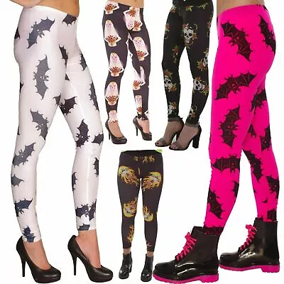 £9.79 • Buy Ladies Girls Leggings Smooth Soft Touch, Goth Gothic Bat Skull Halloween Gym NEW