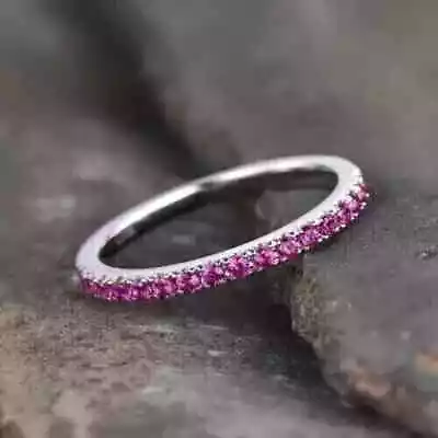 14K White Gold Plated 1Ct Round Lab-Created Wedding Pink Sapphire Band Eternity • $129.99