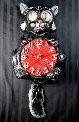 Vintage 1950 HADDON KITTEN CLOCK #50 - Lighted MOVING EYES & TAIL - BLACK • $520