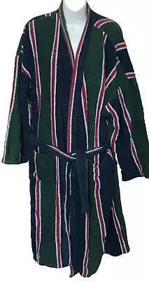 M&S Men's LARGE Towelling STRIPED DRESSING GOWN Bath Robe GREEN/BLUE/RED Vgc • £14.99