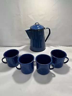 Vintage 90’s Blue Enamelware Coffee Pot Camping Campfire & 4 Mugs Hinged Lid • $37.50