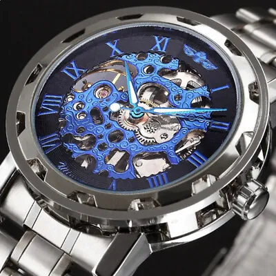 Mens Mechanical Watches Steel Skeleton Hand Wind Up Auto Automatic Wrist Watch • £18.99