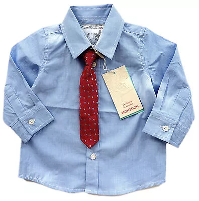 MONSOON Boys Shirt Tie Set BLUE Check Chambray RED Neck Top Formal 3-6m £20 • £8.99