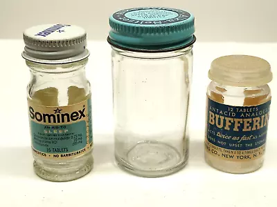 3 Vintage GLASS BOTTLES SOMINEX ALKA SELTZER BUFFERIN EMPTY • $15.99