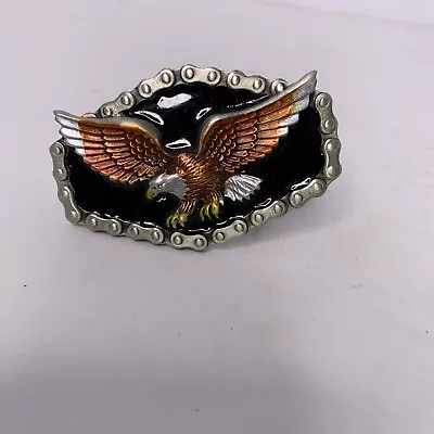 VINTAGE 1983 Belt Buckle ATTACKING EAGLE WITH BIKE CHAIN BORDER ENAMELED • $15