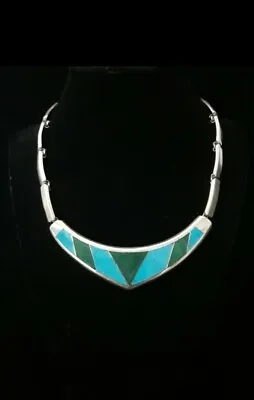 17.5  Heavy Solid Sterling Silver Blue Turquoise & Green Gespasite Link Necklace • $149