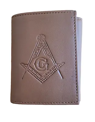 Masonic Genuine Tri Fold Leather Wallet Mason Freemason Compass RFID Wallet TAN • $18.53