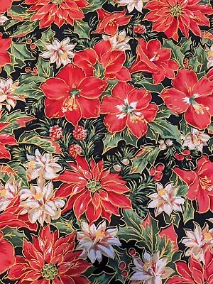 Vintage Fabric Poinsettia/Holly & Christmas Lillies  266  X 44  Red White Green • $72.50